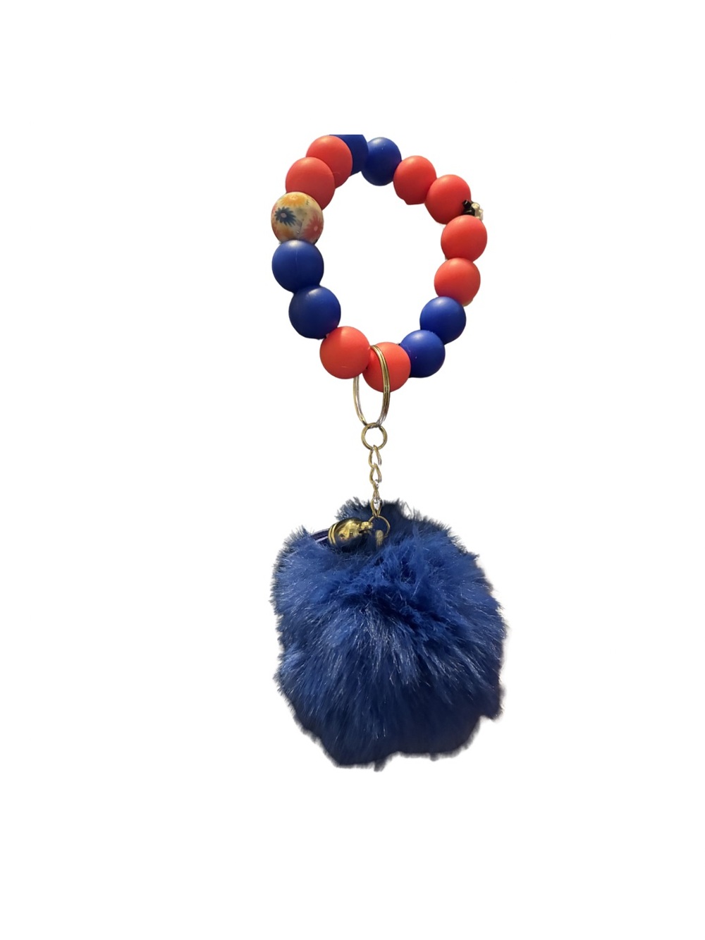 Beaded Wristlet Keychain with Blue Pom Pom